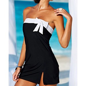 Color Block Bow Tie Embellished Slit Side Design Strapless One-Piece Swimwear For Women